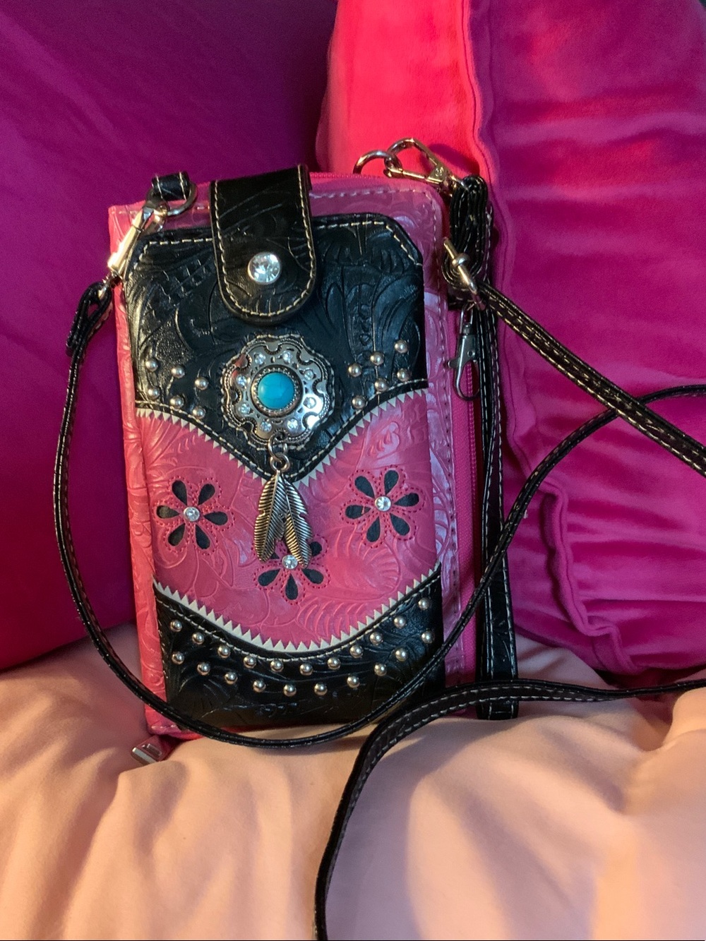 Pink and Black Floral Crossbody Phone Bag with Turquoise Accent